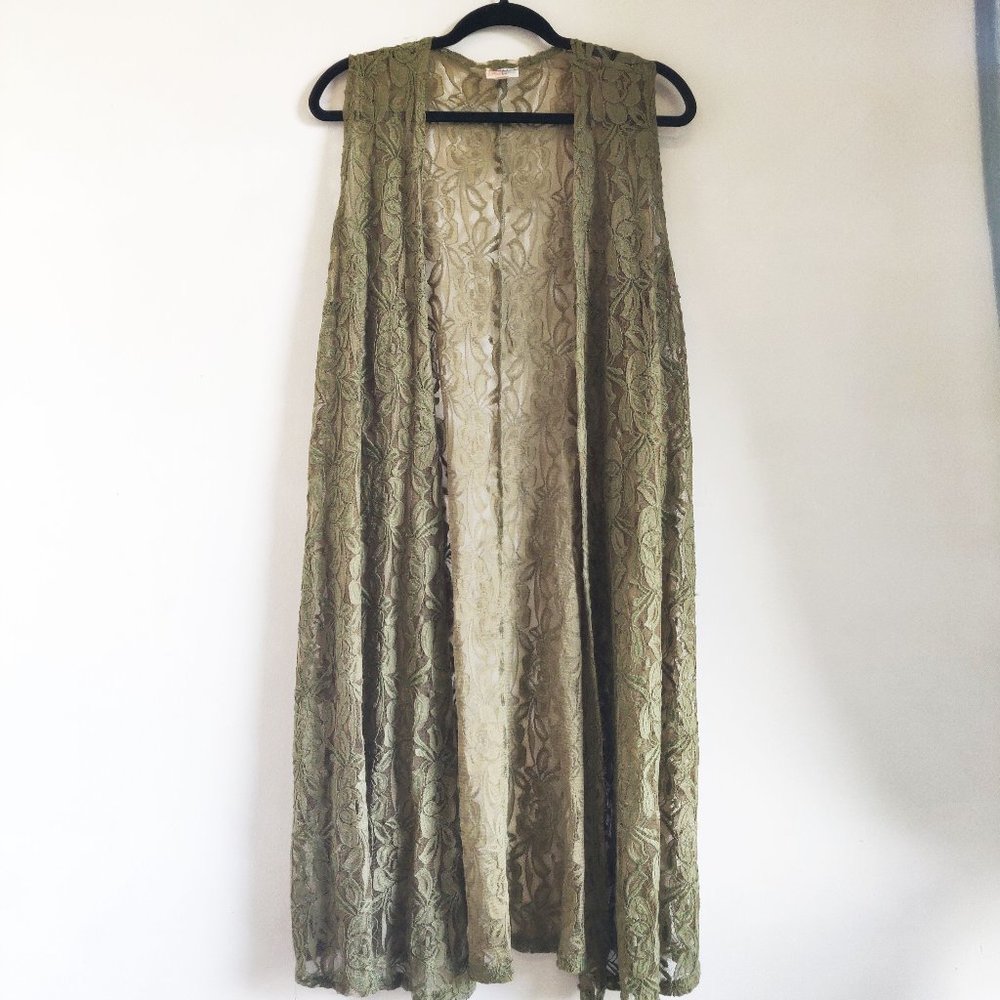 LuLaRoe Joy Lace Duster Vest Olive Green